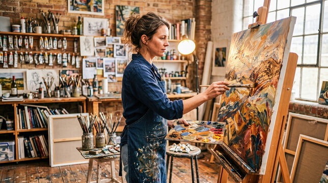 Talented young female artist painting expressive colorful abstract landscape on large canvas using professional brush inside beautiful creative messy art studio