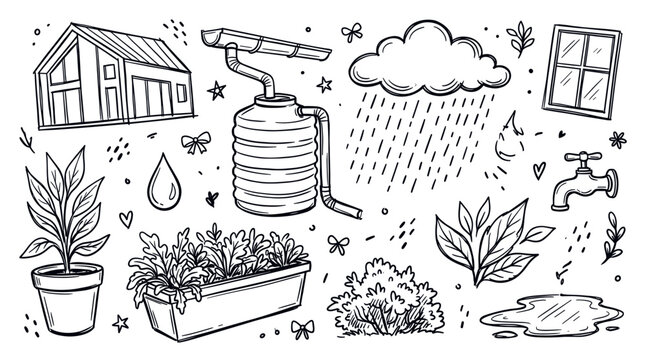 Hand-drawn black and white doodle set illustrating water conservation and gardening elements on a clean white background