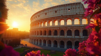 Obraz premium Ancient oval stone amphitheater at golden sunset with vibrant purple flowers in the foreground, serene warm light and scattered clouds