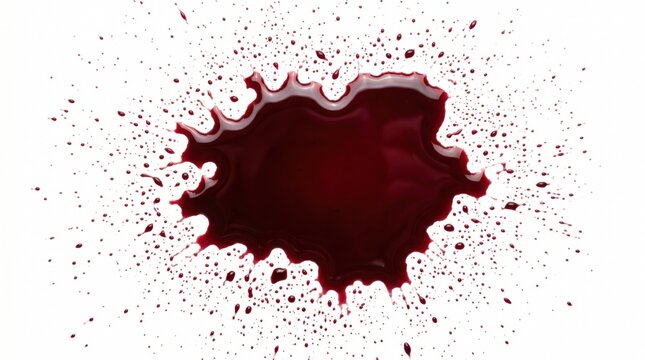 Dramatic dark red blood splatter pattern isolated on a pristine white background, perfect for forensic science, medical emergencies, crime scene investigation, Halloween, and graphic design.