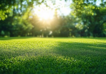 Fototapeta premium close-up dewy green lawn bathed in warm morning sunlight filtering through trees, peaceful serene and tranquil atmosphere