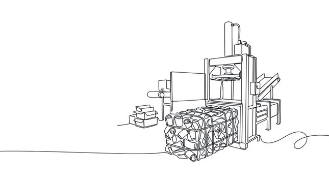 Continuous line drawing of a recycling baler machine compressing aluminum cans into a compact bale, illustrating industrial waste management on a white background