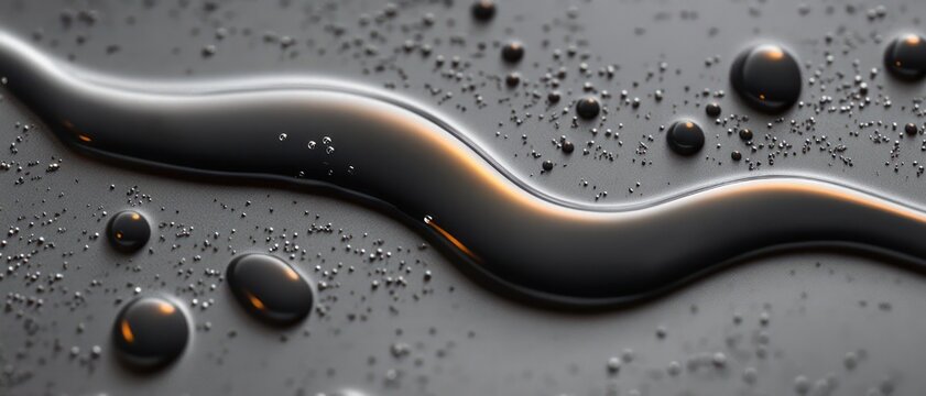 macro close-up of glossy black liquid stream and droplets on dark textured surface with scattered metallic granules and warm orange reflections conveying a sleek mysterious mood