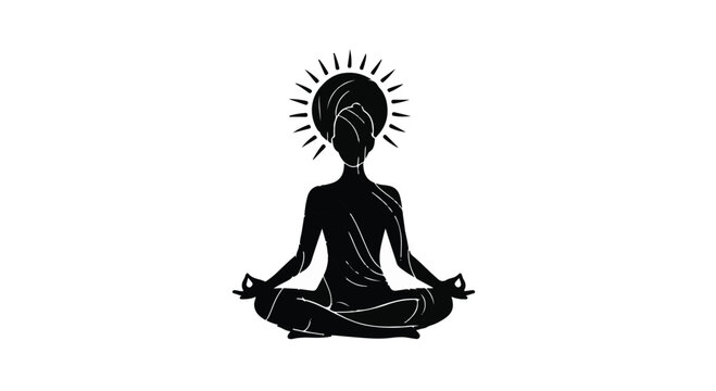 Serene silhouette meditating with radiant sun halo symbolizing enlightenment and inner peace