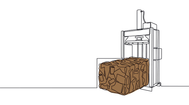 Continuous line drawing of a hydraulic baler machine compressing a large block of brown recycled materials on a white background
