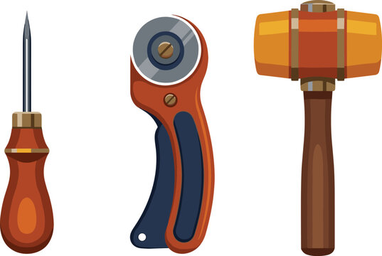 Leathercraft Crafting Tools Vector Icon Set Featuring Scratch Awl Rotary Cutter and Nylon Rawhide Mallet Hammer for Leatherworking Workshop Templates