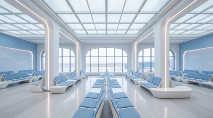 Fototapeta premium Empty modern bright airport terminal departure lounge interior featuring comfortable blue passenger seating chairs large glass windows creating futuristic travel transportation concept