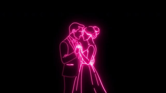 Neon line art drawing couple embracing each other animation, glowing love in dark romantic setting.