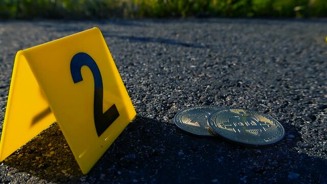 Close up of yellow police evidence markers on an asphalt road investigating a cryptocurrency crime scene, with golden bitcoin coins lying on the ground as physical proof in a financial fraud case