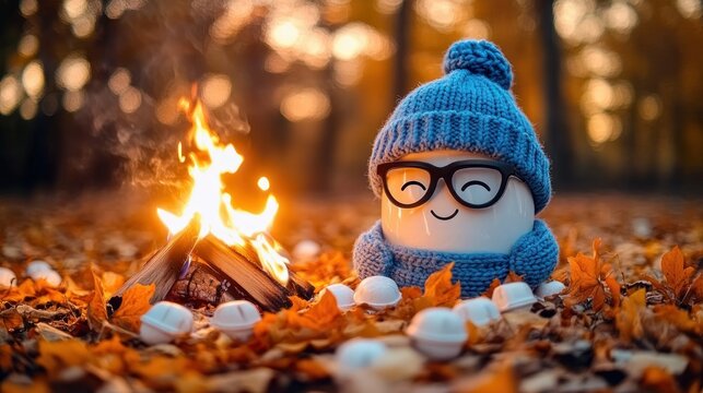cozy smiling ceramic mug wearing blue knit beanie, scarf, and glasses beside a small campfire with scattered marshmallows on an autumn leaf-covered forest floor, warm happy mood
