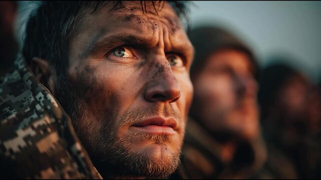 Close-up portrait of determined soldiers in military uniforms, focus and resilience in combat scenario with dramatic lighting and shallow depth of field