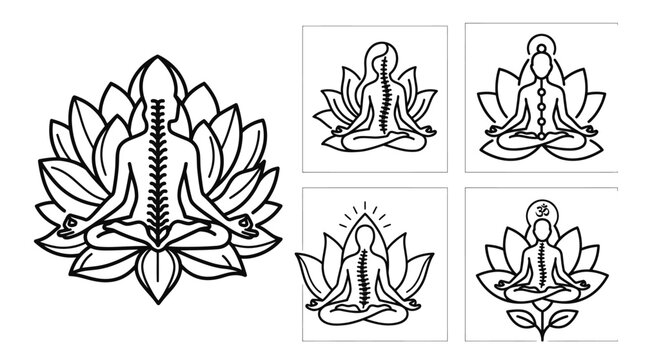 Yoga meditation spine alignment and chakra system icons.