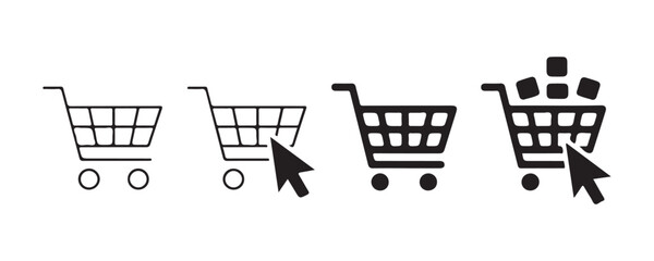 Shopping cart icons set with mouse cursor and package symbols for ecommerce and online store design. © Md