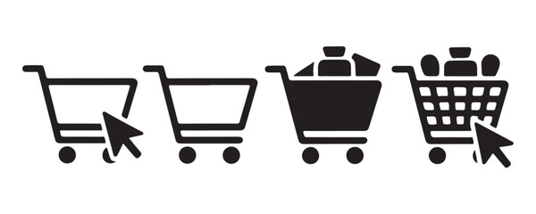 Shopping cart icons with cursor and products showing online purchasing interaction and cart updates. © Md