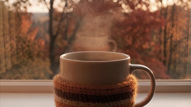 Cozy mug of hot beverage with rising steam sits on a windowsill, showcasing a vibrant autumn forest scene through an open window, bathed in warm natural light, evoking comfort and season.