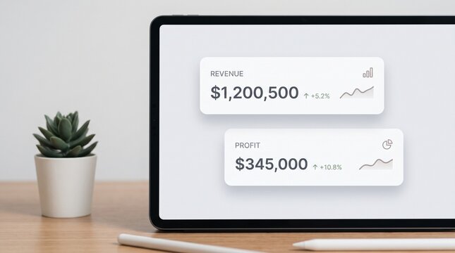 Tablet displaying business revenue and profit growth dashboard