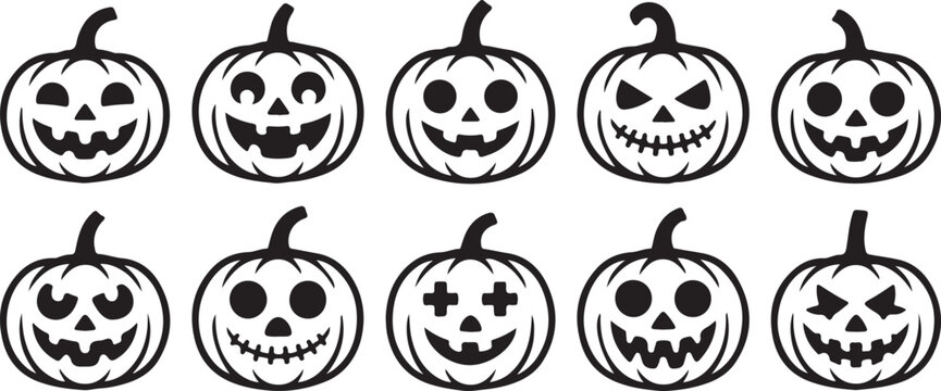 12 Halloween pumpkin icons set. Vintage funny pumpkins isolated on white background. Monsters faces. Design elements for logo, badges, banners, labels, posters. Vector illustration