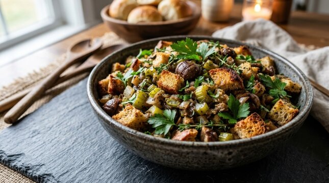 A hearty and delicious savory stuffing dish with bread cubes, herbs, mushrooms, and chestnuts in a rustic bowl