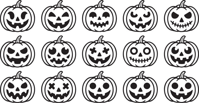 12 Halloween pumpkin icons set. Vintage funny pumpkins isolated on white background. Monsters faces. Design elements for logo, badges, banners, labels, posters. Vector illustration