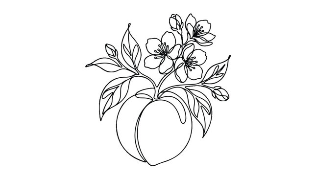 A line drawing of a blooming peach tree with flowers and leaves growing around the fruit.