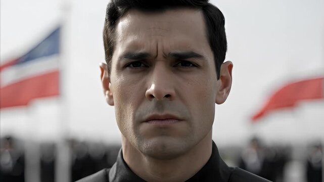 Close up portrait of serious man in uniform, determined facial expression, looking directly at camera, national flags and uniformed formation in background.