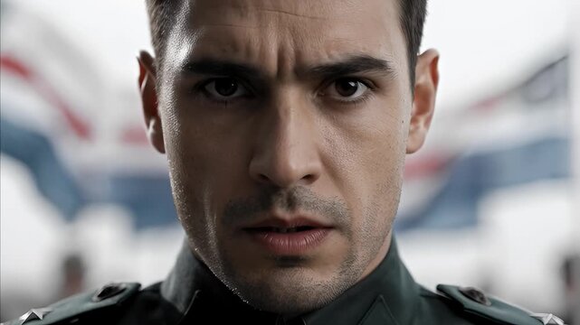 Close-up portrait of serious man in uniform, furrowed brow, determined expression, gaze fixed on camera, patriotic flags blurring in background, symbol of national pride and resolve