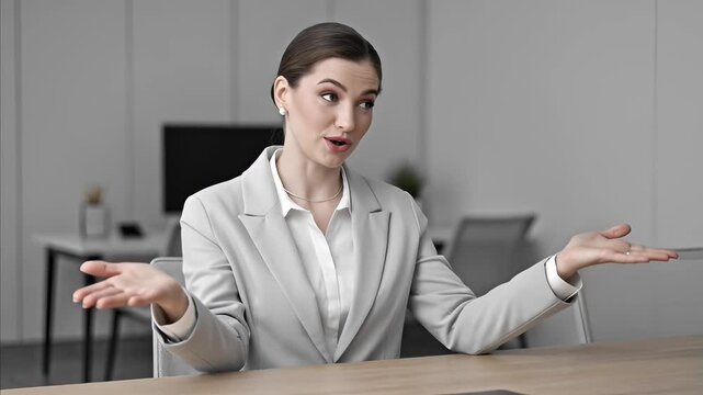 Young Caucasian businesswoman in professional grey suit gestures with hands while actively speaking, expressing ideas and communicating professionally during a business meeting in office setting