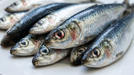 Fototapeta premium Close up view of a pile of fresh, raw sardines, glistening with silver scales on a white surface, showcasing their natural texture.