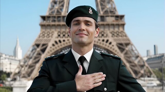 Military man stands solemnly with hand over heart against backdrop of Eiffel Tower in Paris, showing respect and patriotism on clear day under blue sky.