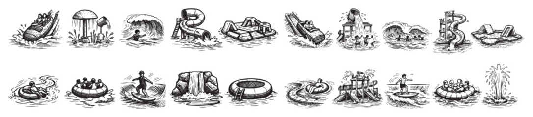 Fototapeta premium Collection of hand-drawn black and white illustrations depicting various water park activities and elements, isolated on a clean white background