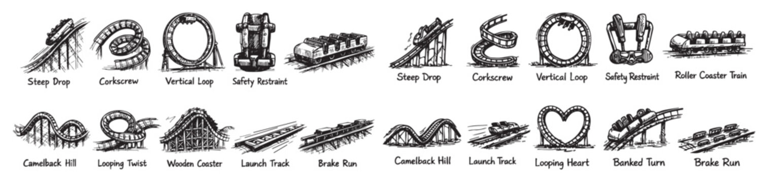 Hand-drawn black and white roller coaster elements including steep drops, loops, and trains, isolated on a clean white background