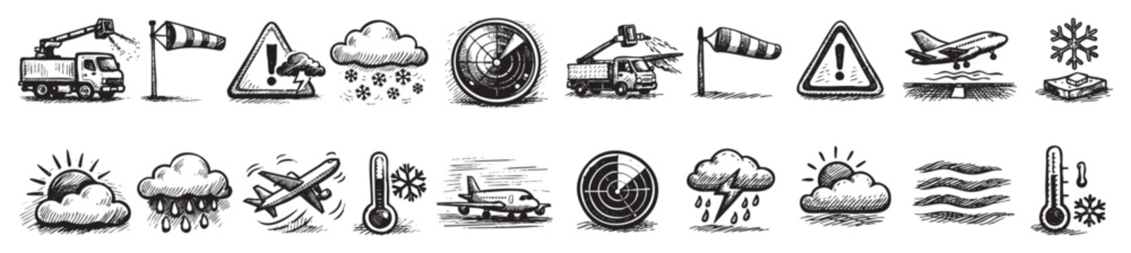 Collection of hand-drawn black and white airport weather icons, depicting various conditions and equipment in a sketch style