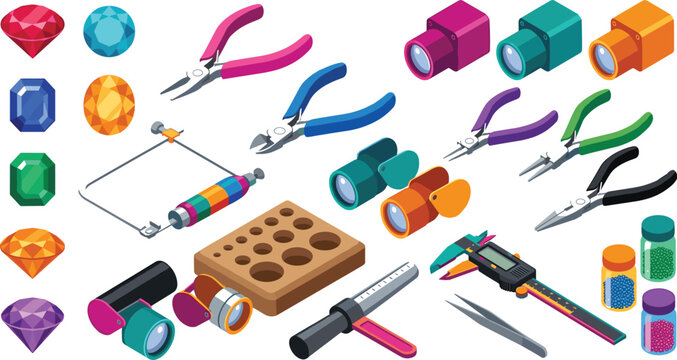 Isometric Jewelry Making Tools and Gemstones Vector Icon Set with Pliers, Loupes, Calipers, Ring Mandrel, and Diamonds for Craft Workshop Designs
