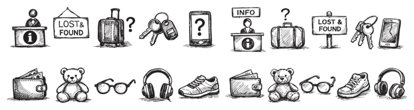 Hand-drawn black and white icons representing various lost and found items and information desks, isolated on a clean white background