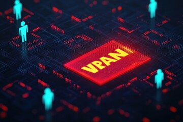 Obraz premium Glowing red circuit module with bold yellow lettering surrounded by cyan user icons on a dark digital grid, conveying secure connectivity and futuristic cyber vigilance