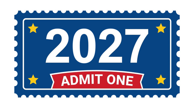 2027 event ticket, admission pass, blue and red vector icon, ticket stub