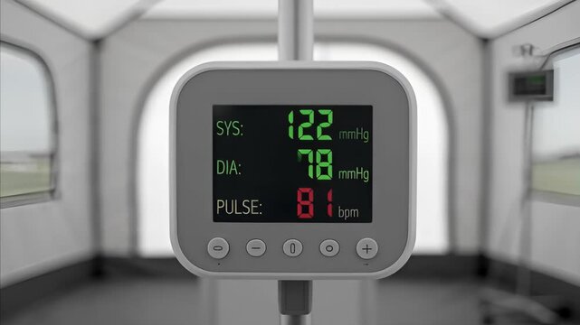 Medical monitor display blood pressure and pulse rate readings inside field hospital tent, showing vital signs of patient care in emergency healthcare setup.