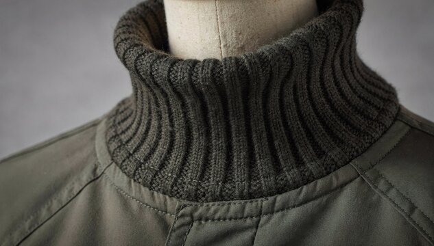 Medium shot focusing on a rib knit collar with a bold 2x2 ribbing texture highlighting thick elastic edges perfect for durable outerwear design.