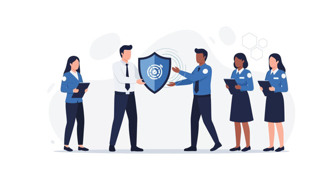 Diverse team of professionals exchanging a shield icon symbolizing security, data protection, and teamwork in a modern flat illustration style.