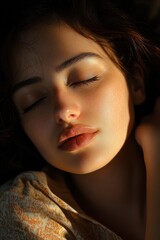 Fototapeta premium close-up portrait of a person in warm golden light with patterned shirt, ear and hair visible, face concealed by a blurred square creating an intimate contemplative mood