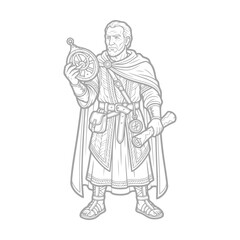 Obraz premium Detailed line art illustration of a medieval scholar holding an antique astrolabe and a parchment scroll in vintage engraving style