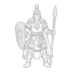 Fototapeta premium Detailed Line Art Illustration of an Ancient Roman Centurion Soldier Standing Tall with Spear and Shield