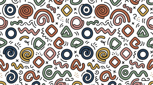 Vibrant geometric pattern with swirling shapes and colorful designs on a white background
