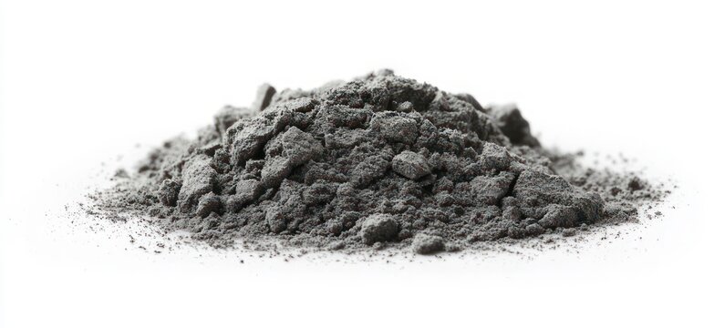 pile of gray powdered material on white background with fine granules and scattered dust, minimal neutral studio mood