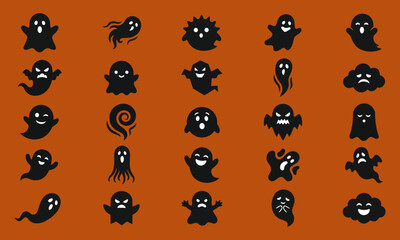 Obraz premium Collection of cute black cartoon ghost characters with different facial expressions and accessories on a brown background