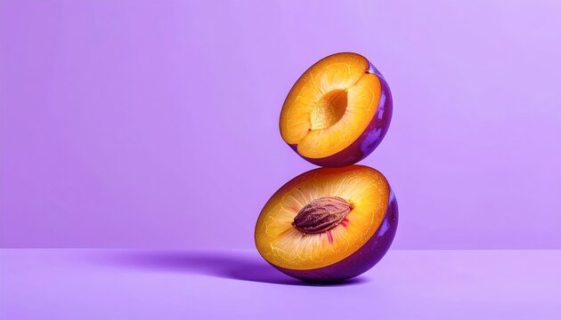 Fresh halved peaches on purple background.