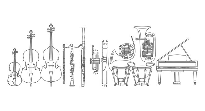Collection of musical instruments outline vector graphics
