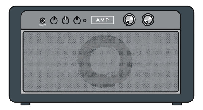 Electronic audio amplifier with speaker and control knobs