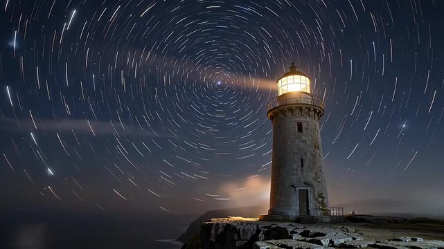 Under long exposure, the trails of stars in the night sky transform into a giant halo, enveloping the solitary lighthouse on the cliff edge, a celestial phenomenon intertwined with human architecture.