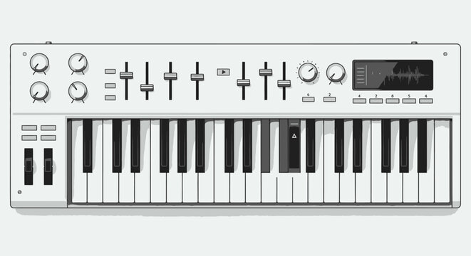 Electronic musical keyboard synthesizer with control knobs and sliders